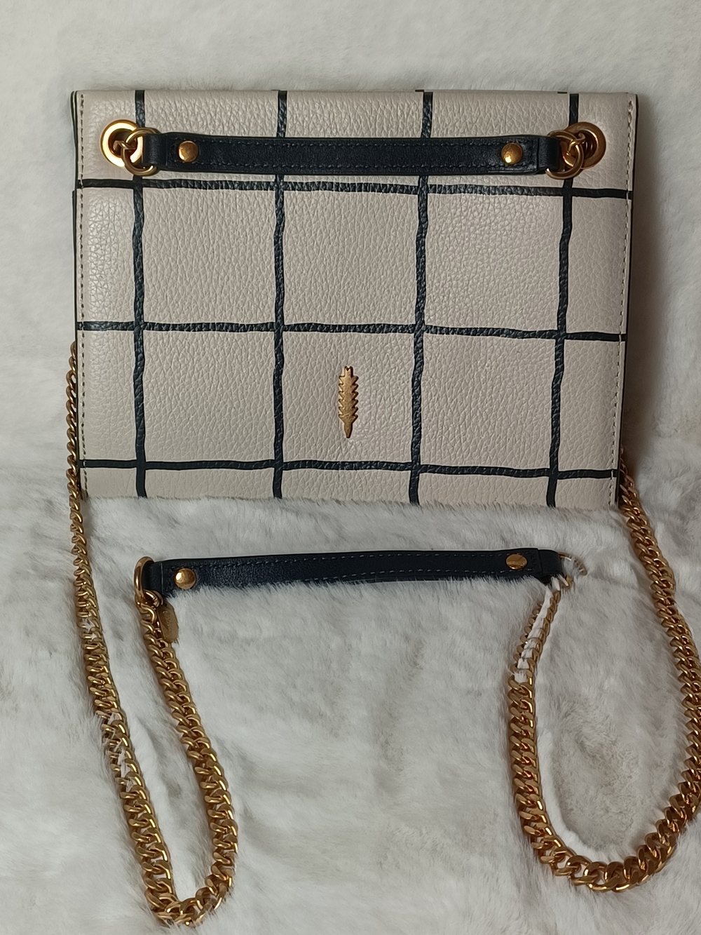Cream Grid Crossbody Bag with Gold Chain & Navy Trim